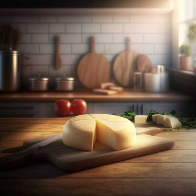 Vegan provolone cheese on a kitchen bench